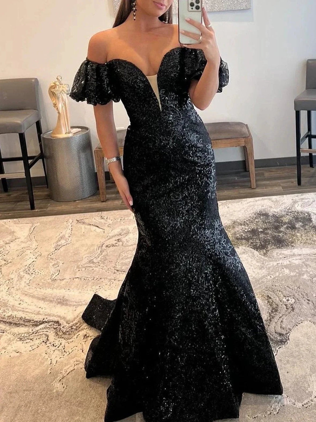 Black Strapless Sequins Long Mermaid Prom Dress