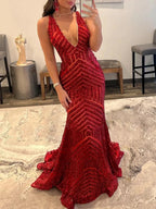 Nina |Deep V Neck Pink Sequins Mermaid Long Prom Dress