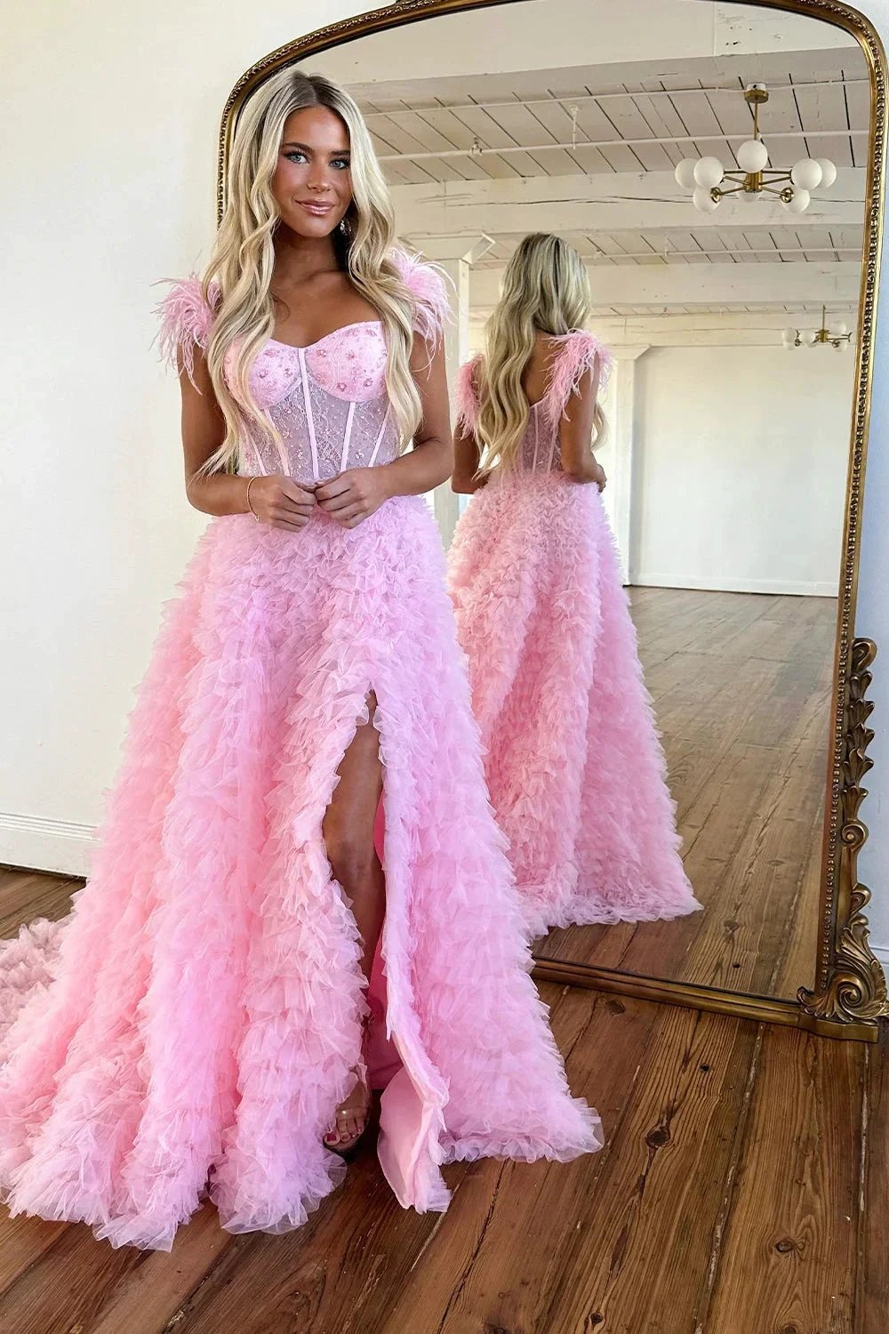 Ingrid |A Line Sweetheart Tiered Tulle Long Prom Dress With Slit