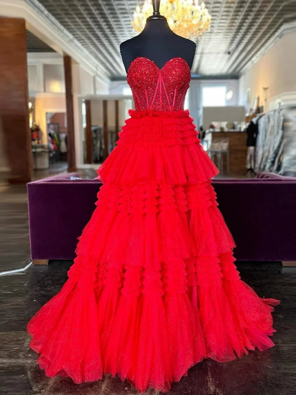 Adelyn |A-Line Sweetheart Tiered Long Tulle Prom Dress