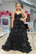 Maryam |A Line Spaghetti Straps Tiered Lace Prom Dress