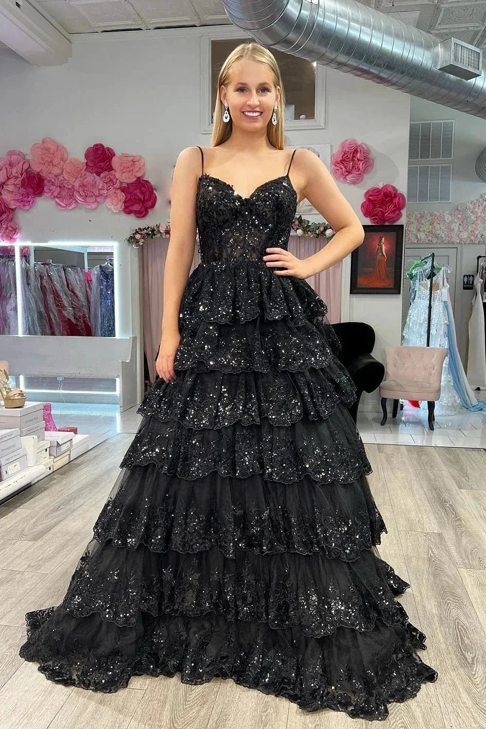 Maryam |A Line Spaghetti Straps Tiered Lace Prom Dress