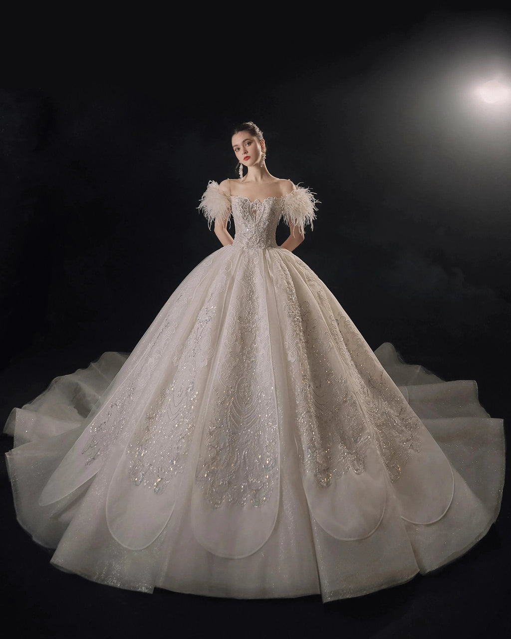 Luxurious Off-the-Shoulder Ball Gown Sweetheart Neckline Feather Trim Beaded Lace Wedding Dress with Glitter Train E-306