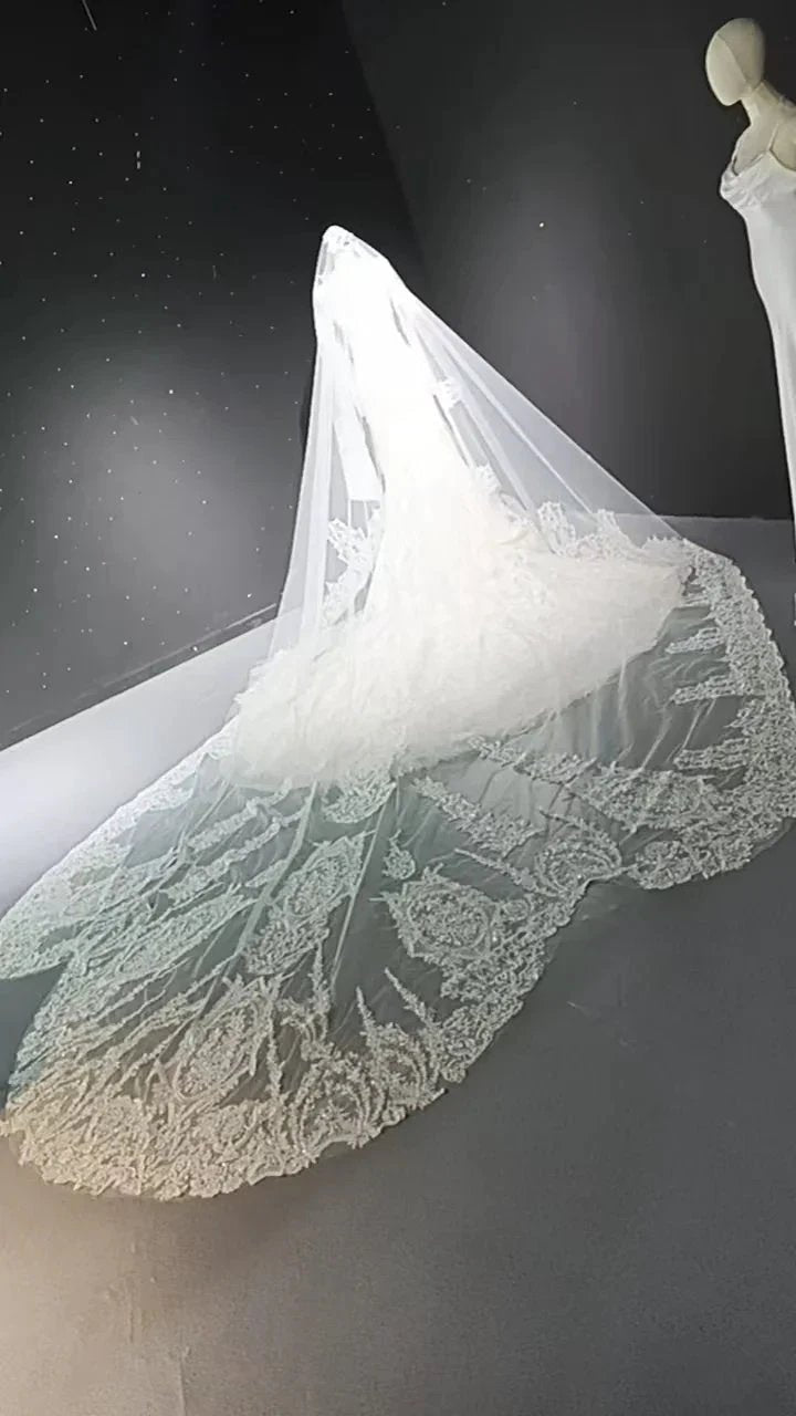 V-neck long sleeved luxurious nail bead trailing bridal veil