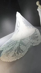 V-neck long sleeved luxurious nail bead trailing bridal veil