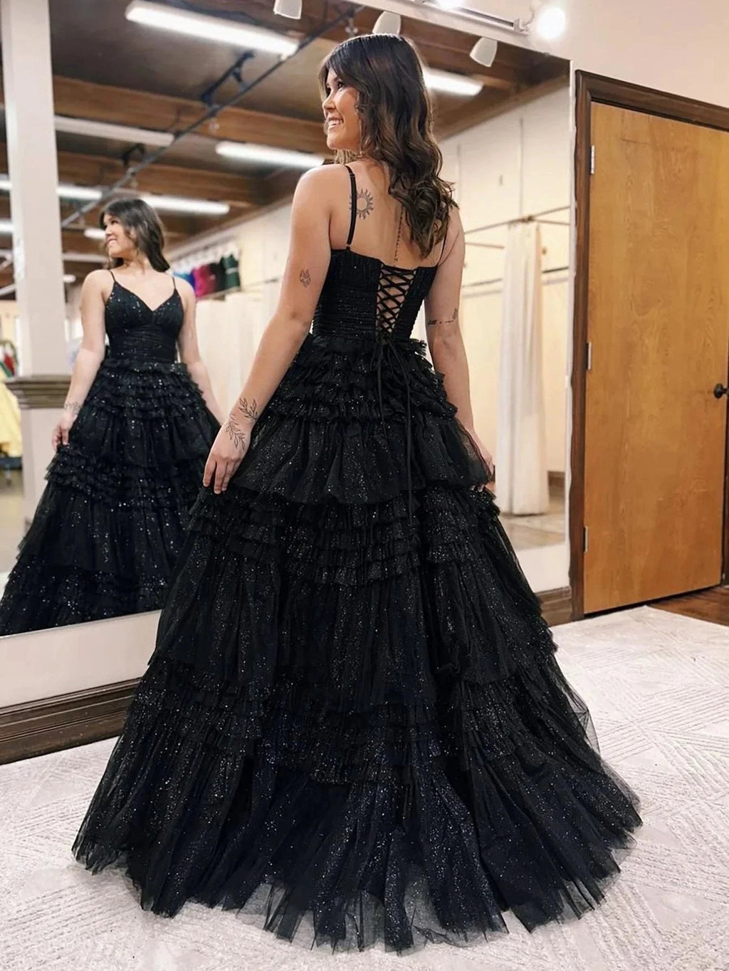 Emerson |A-Line Deep V Neck Tiered Long Glitter Tulle Prom Dress