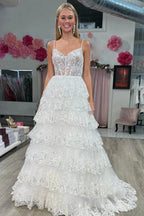 Maryam |A Line Spaghetti Straps Tiered Lace Prom Dress