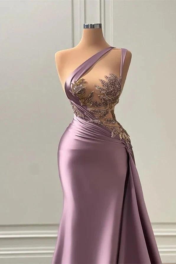 Long Mermaid One Shoulder Satin Lace Sleeveless Prom Dress