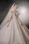 Luxurious Off-the-Shoulder Ball Gown Sweetheart Neckline Feather Trim Beaded Lace Wedding Dress with Glitter Train E-306