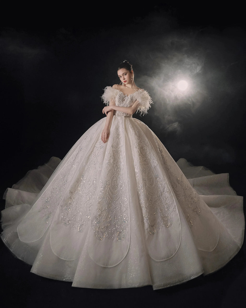 Luxurious Off-the-Shoulder Ball Gown Sweetheart Neckline Feather Trim Beaded Lace Wedding Dress with Glitter Train E-306