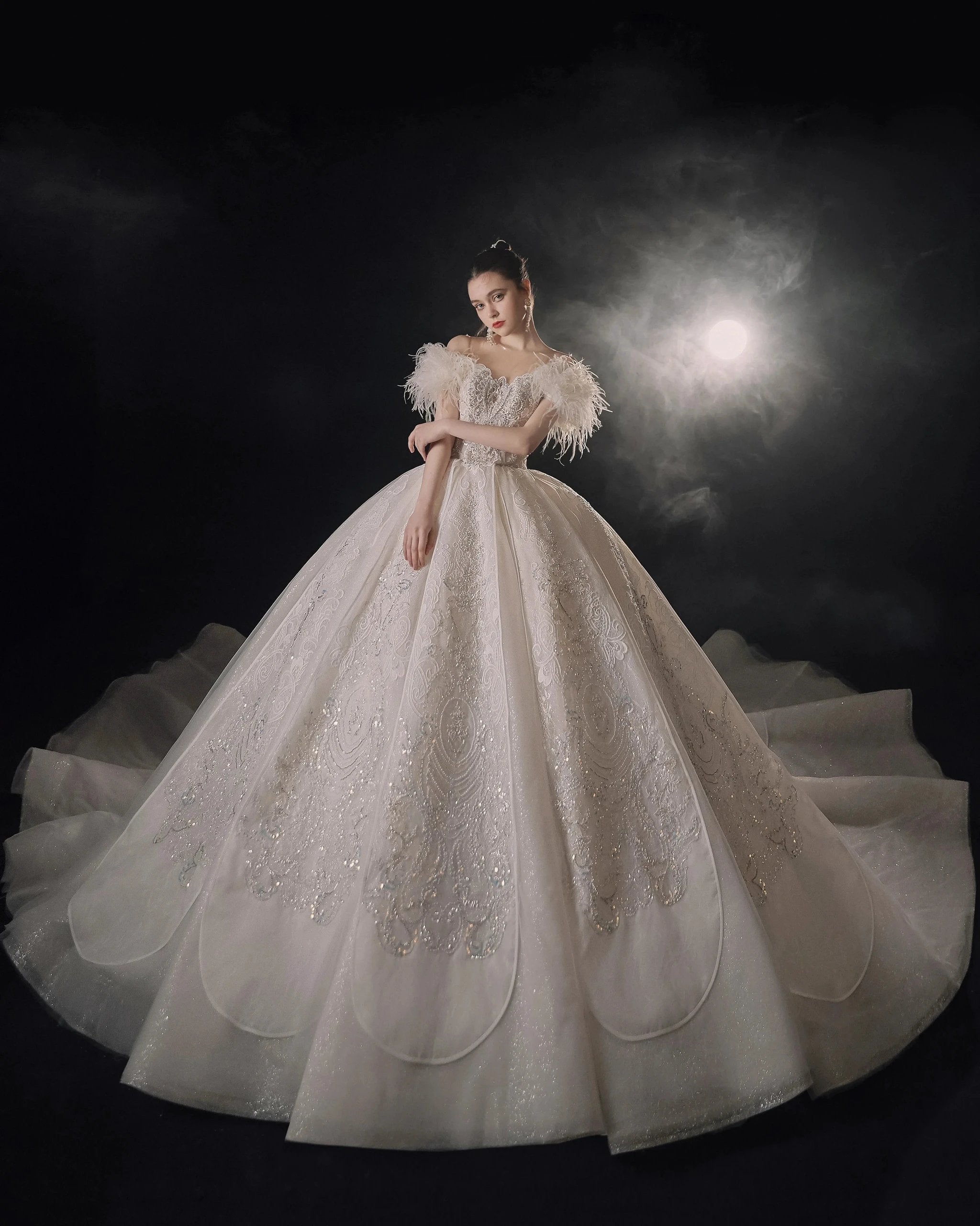 Luxurious Off-the-Shoulder Ball Gown Sweetheart Neckline Feather Trim Beaded Lace Wedding Dress with Glitter Train E-306