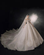 Luxurious Off-the-Shoulder Ball Gown Sweetheart Neckline Feather Trim Beaded Lace Wedding Dress with Glitter Train E-306