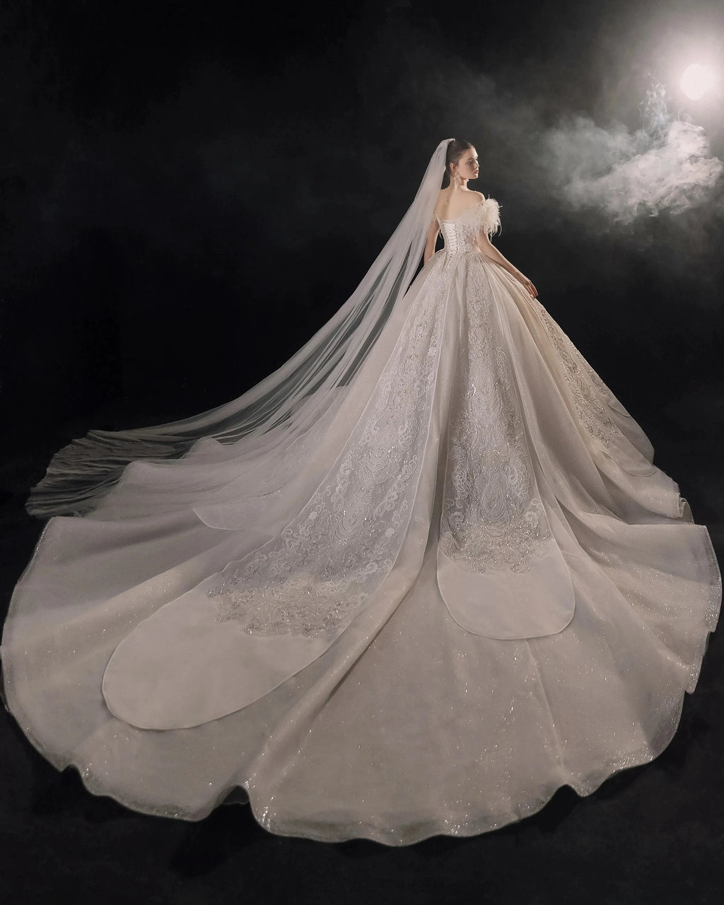Luxurious Off-the-Shoulder Ball Gown Sweetheart Neckline Feather Trim Beaded Lace Wedding Dress with Glitter Train E-306
