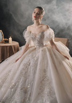 Elegant Off-the-Shoulder Ball Gown Sweetheart Neckline Tulle Puff Sleeve Beaded Lace Wedding Dress with Scalloped Train E-306