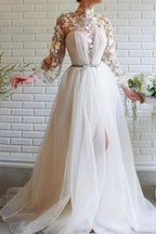 White Long Sleeves A-line High Neck Tulle Flower Mermaid Prom Dresses with Slit