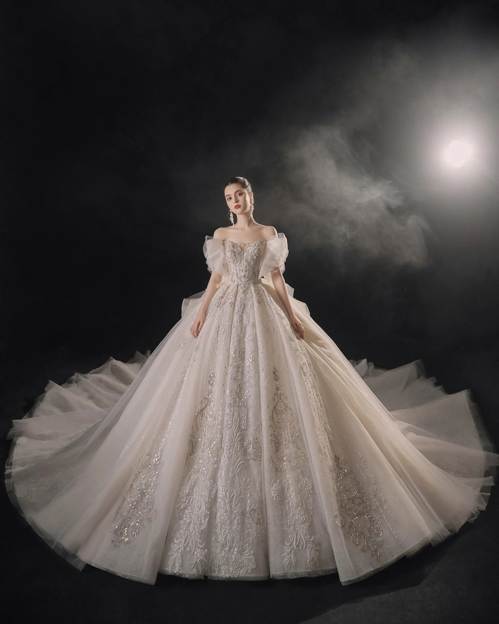 Elegant Off-the-Shoulder Ball Gown Sweetheart Neckline Tulle Puff Sleeve Beaded Lace Wedding Dress with Scalloped Train E-306