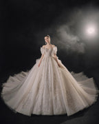 Elegant Off-the-Shoulder Ball Gown Sweetheart Neckline Tulle Puff Sleeve Beaded Lace Wedding Dress with Scalloped Train E-306