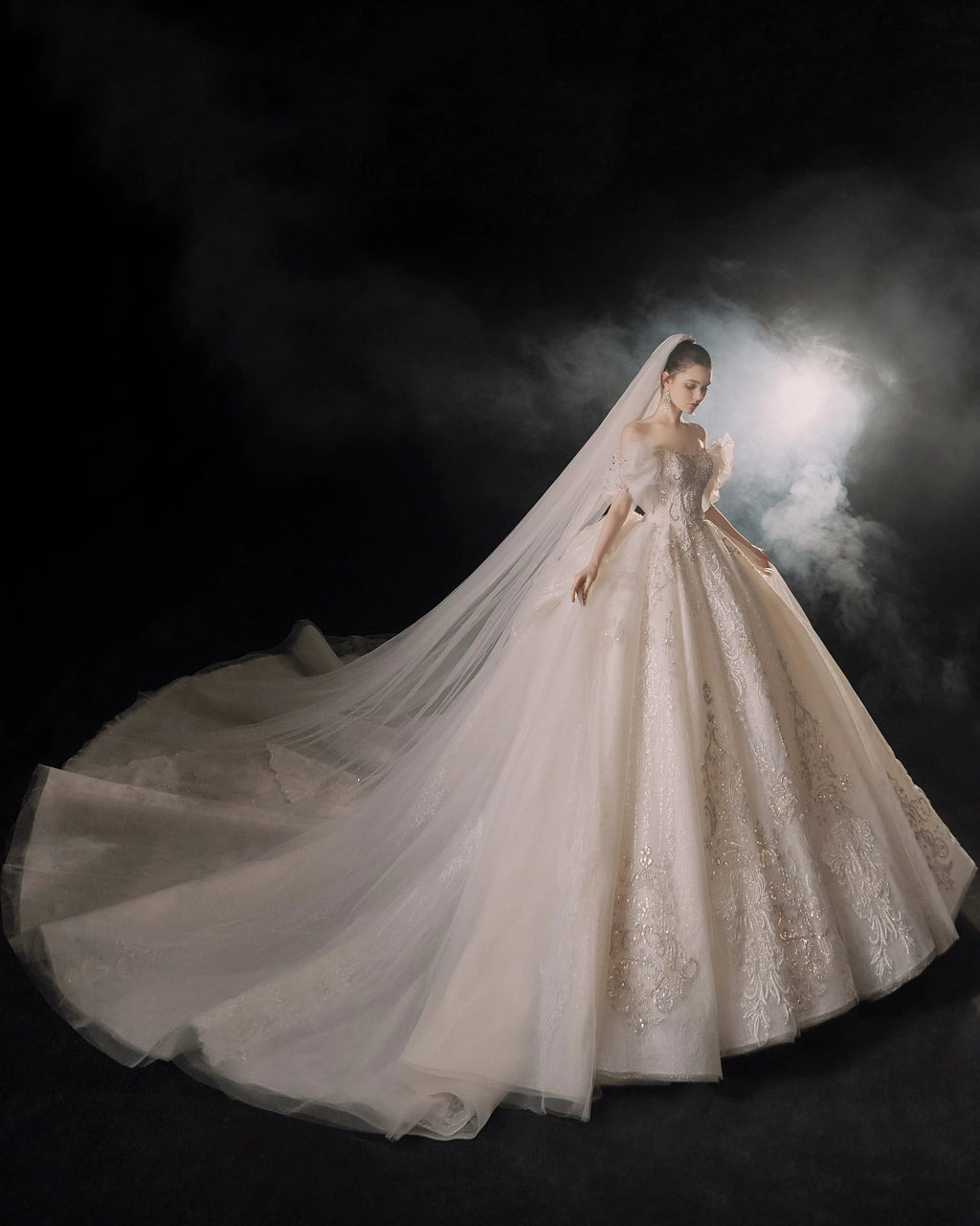 Elegant Off-the-Shoulder Ball Gown Sweetheart Neckline Tulle Puff Sleeve Beaded Lace Wedding Dress with Scalloped Train E-306