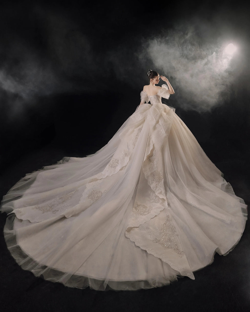 Elegant Off-the-Shoulder Ball Gown Sweetheart Neckline Tulle Puff Sleeve Beaded Lace Wedding Dress with Scalloped Train E-306