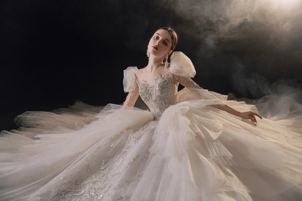 Magnificent Off-the-Shoulder Ball Gown Sweetheart Neckline Tulle Puff Sleeve Beaded Lace Long-Sleeve Wedding Dress with Layered Train E-301