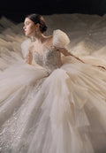 Magnificent Off-the-Shoulder Ball Gown Sweetheart Neckline Tulle Puff Sleeve Beaded Lace Long-Sleeve Wedding Dress with Layered Train E-301