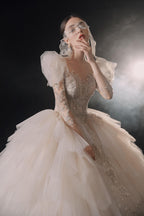 Magnificent Off-the-Shoulder Ball Gown Sweetheart Neckline Tulle Puff Sleeve Beaded Lace Long-Sleeve Wedding Dress with Layered Train E-301