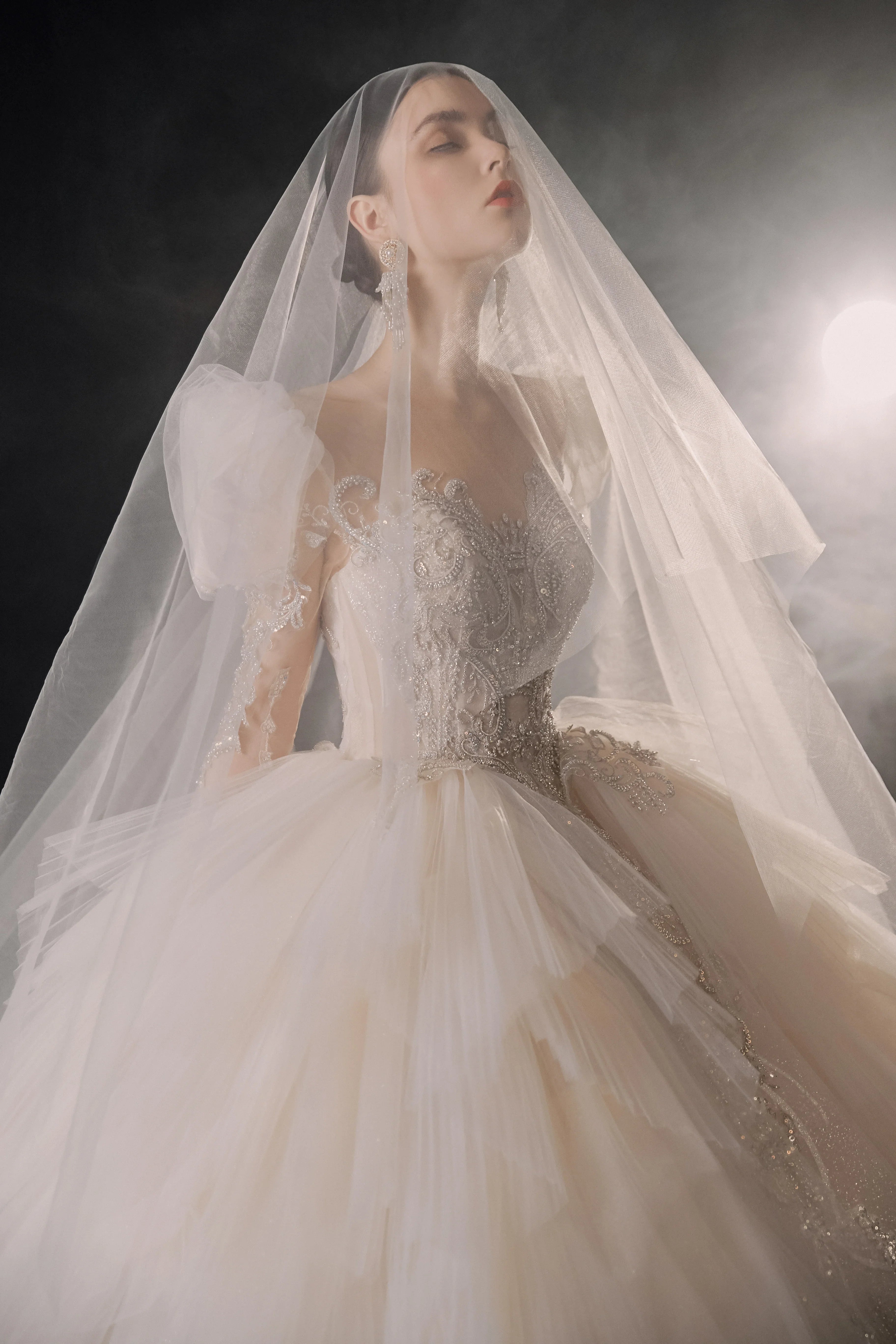 Magnificent Off-the-Shoulder Ball Gown Sweetheart Neckline Tulle Puff Sleeve Beaded Lace Long-Sleeve Wedding Dress with Layered Train E-301