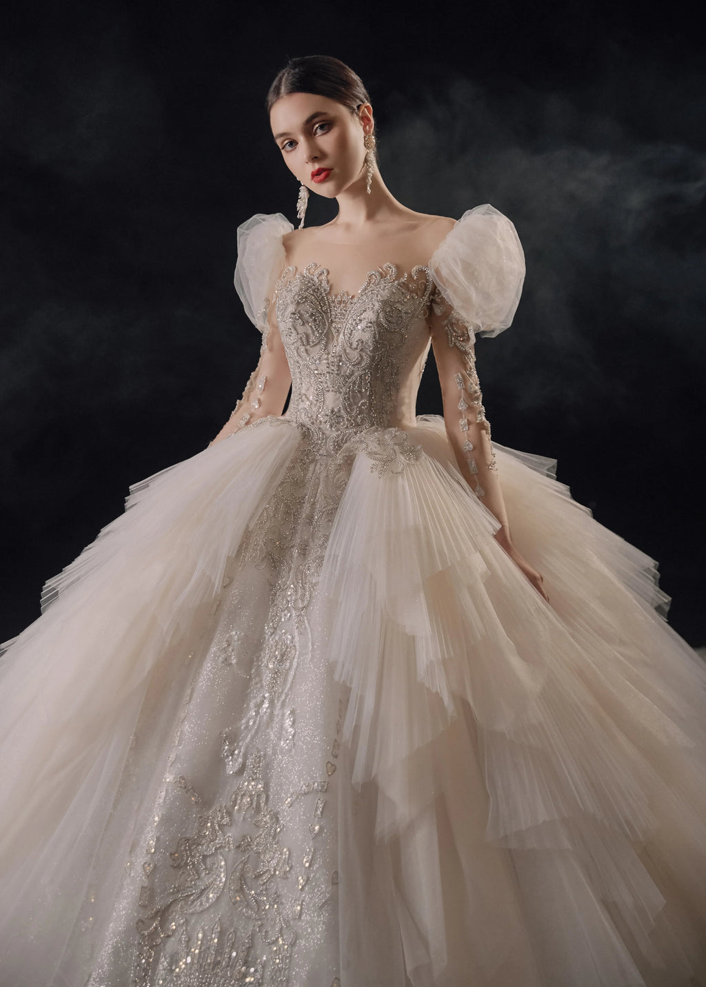 Magnificent Off-the-Shoulder Ball Gown Sweetheart Neckline Tulle Puff Sleeve Beaded Lace Long-Sleeve Wedding Dress with Layered Train E-301
