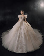 Magnificent Off-the-Shoulder Ball Gown Sweetheart Neckline Tulle Puff Sleeve Beaded Lace Long-Sleeve Wedding Dress with Layered Train E-301