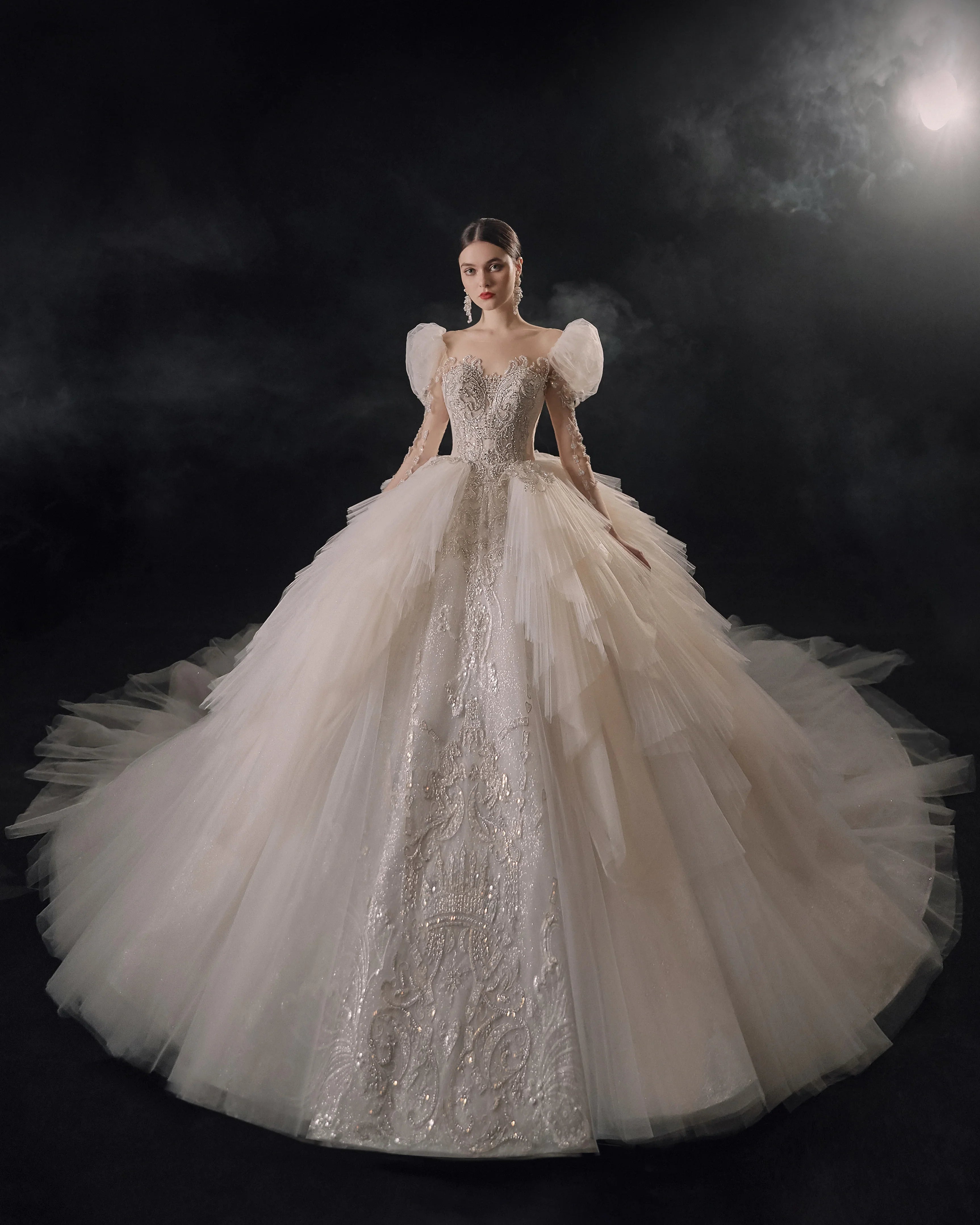 Magnificent Off-the-Shoulder Ball Gown Sweetheart Neckline Tulle Puff Sleeve Beaded Lace Long-Sleeve Wedding Dress with Layered Train E-301