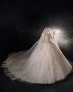 Magnificent Off-the-Shoulder Ball Gown Sweetheart Neckline Tulle Puff Sleeve Beaded Lace Long-Sleeve Wedding Dress with Layered Train E-301
