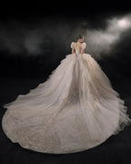 Magnificent Off-the-Shoulder Ball Gown Sweetheart Neckline Tulle Puff Sleeve Beaded Lace Long-Sleeve Wedding Dress with Layered Train E-301