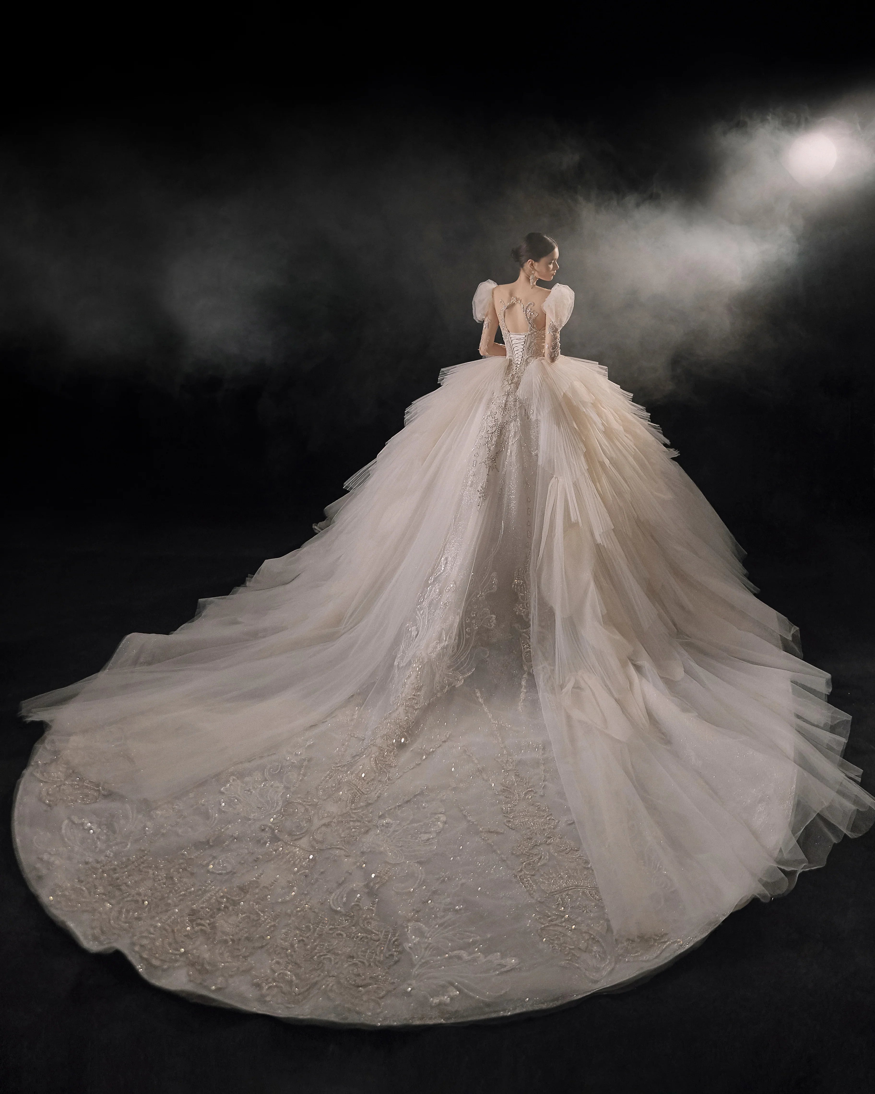 Magnificent Off-the-Shoulder Ball Gown Sweetheart Neckline Tulle Puff Sleeve Beaded Lace Long-Sleeve Wedding Dress with Layered Train E-301
