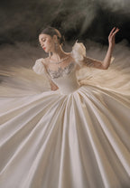 Regal Ball Gown Illusion Neckline Tulle Puff Sleeve Beaded Lace Wedding Dress with Oversized Bow Train E-304
