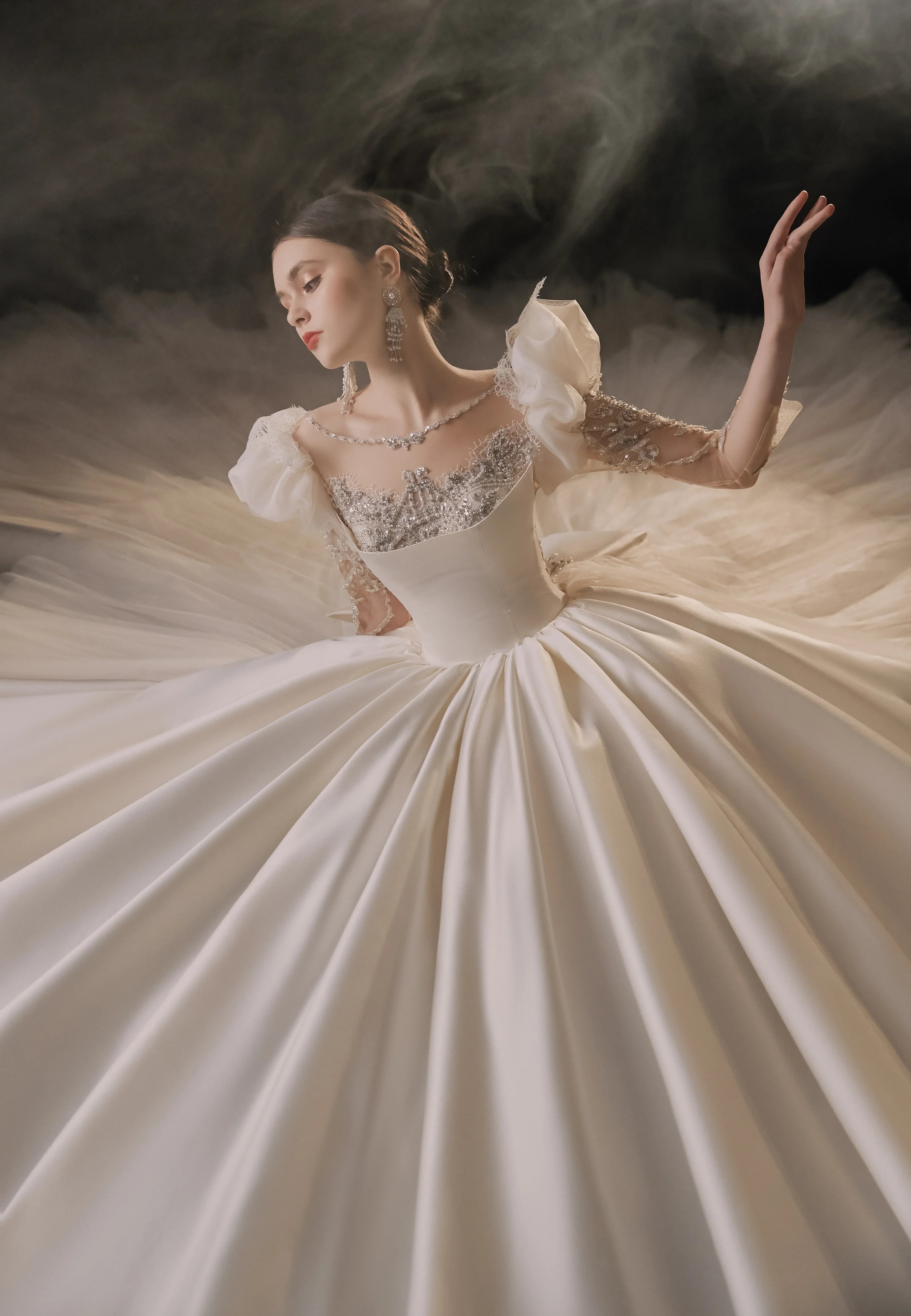 Regal Ball Gown Illusion Neckline Tulle Puff Sleeve Beaded Lace Wedding Dress with Oversized Bow Train E-304