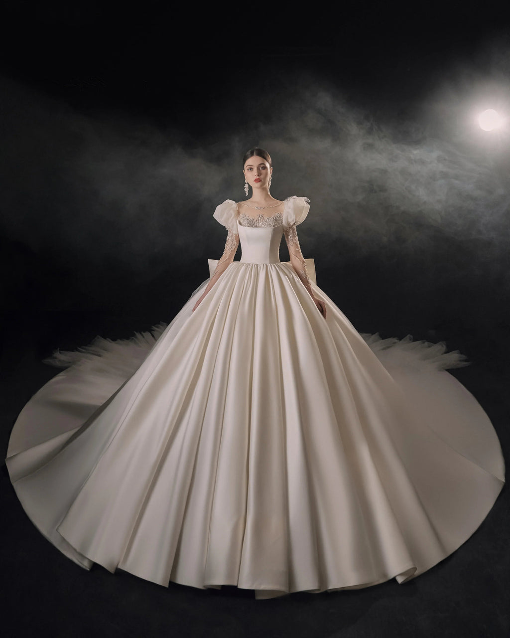 Regal Ball Gown Illusion Neckline Tulle Puff Sleeve Beaded Lace Wedding Dress with Oversized Bow Train E-304