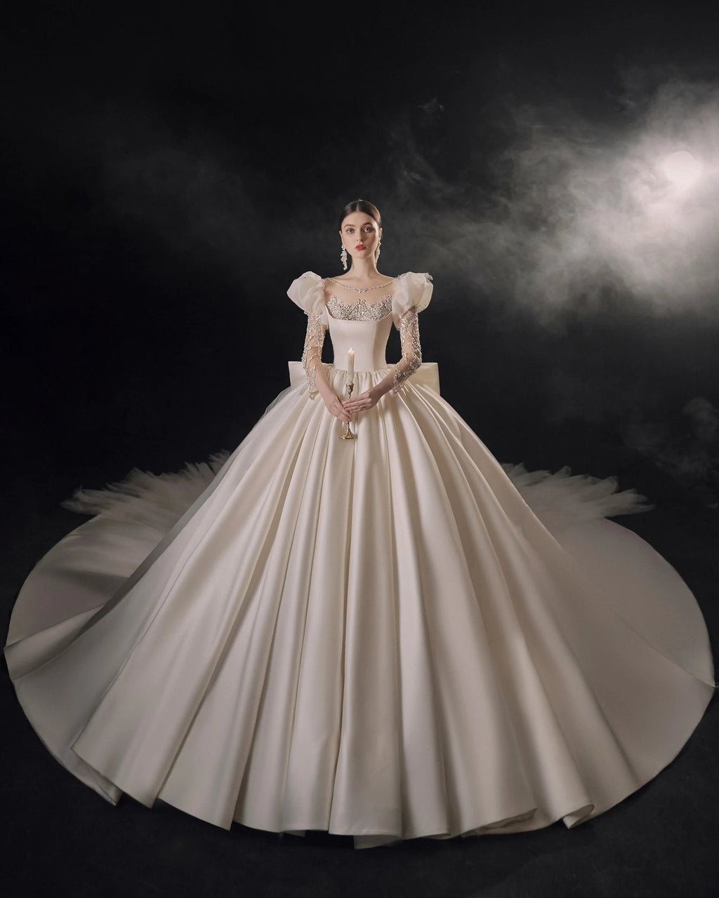 Regal Ball Gown Illusion Neckline Tulle Puff Sleeve Beaded Lace Wedding Dress with Oversized Bow Train E-304