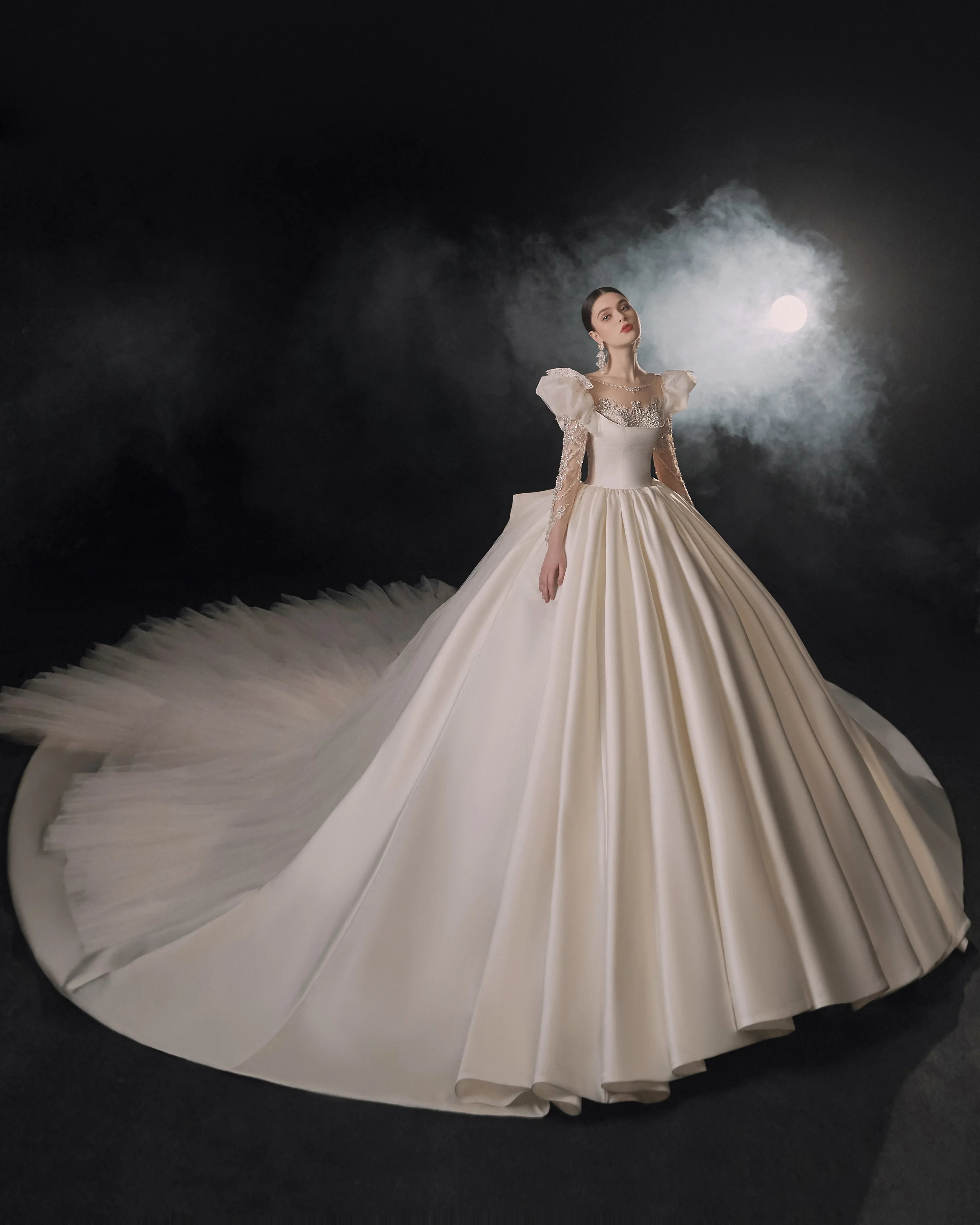 Regal Ball Gown Illusion Neckline Tulle Puff Sleeve Beaded Lace Wedding Dress with Oversized Bow Train E-304