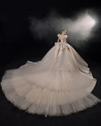 Regal Ball Gown Illusion Neckline Tulle Puff Sleeve Beaded Lace Wedding Dress with Oversized Bow Train E-304