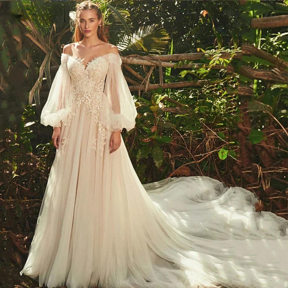 Elegant Sweetheart Neck Puff Long Sleeves Wedding Dress For Women 2023 Backless Tulle Bridal Gown Classic Robe