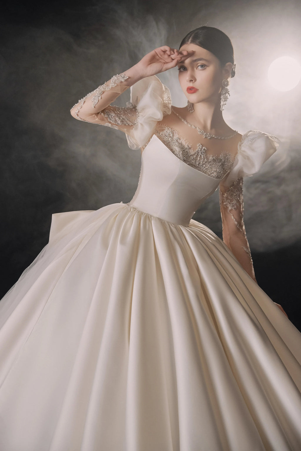 Regal Ball Gown Illusion Neckline Tulle Puff Sleeve Beaded Lace Wedding Dress with Oversized Bow Train E-304