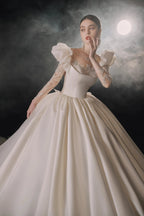 Regal Ball Gown Illusion Neckline Tulle Puff Sleeve Beaded Lace Wedding Dress with Oversized Bow Train E-304