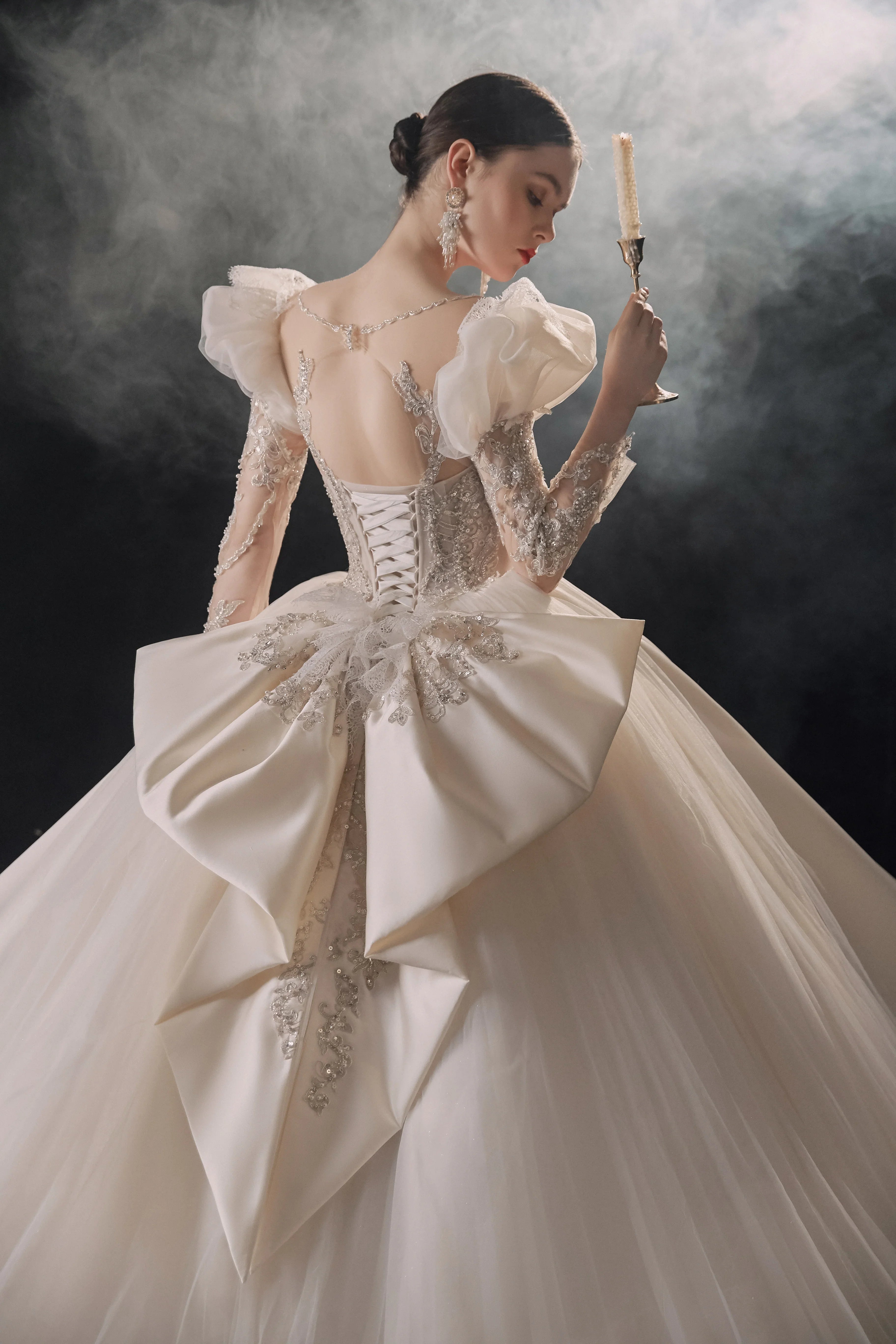Regal Ball Gown Illusion Neckline Tulle Puff Sleeve Beaded Lace Wedding Dress with Oversized Bow Train E-304