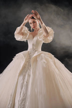 Lavish Sweetheart Ball Gown Satin Puff Sleeve Feather Trim Beaded Wedding Dress with Flowing Train E-302
