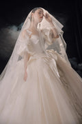 Lavish Sweetheart Ball Gown Satin Puff Sleeve Feather Trim Beaded Wedding Dress with Flowing Train E-302