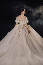 Lavish Sweetheart Ball Gown Satin Puff Sleeve Feather Trim Beaded Wedding Dress with Flowing Train E-302