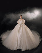 Lavish Sweetheart Ball Gown Satin Puff Sleeve Feather Trim Beaded Wedding Dress with Flowing Train E-302