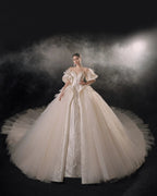 Lavish Sweetheart Ball Gown Satin Puff Sleeve Feather Trim Beaded Wedding Dress with Flowing Train E-302