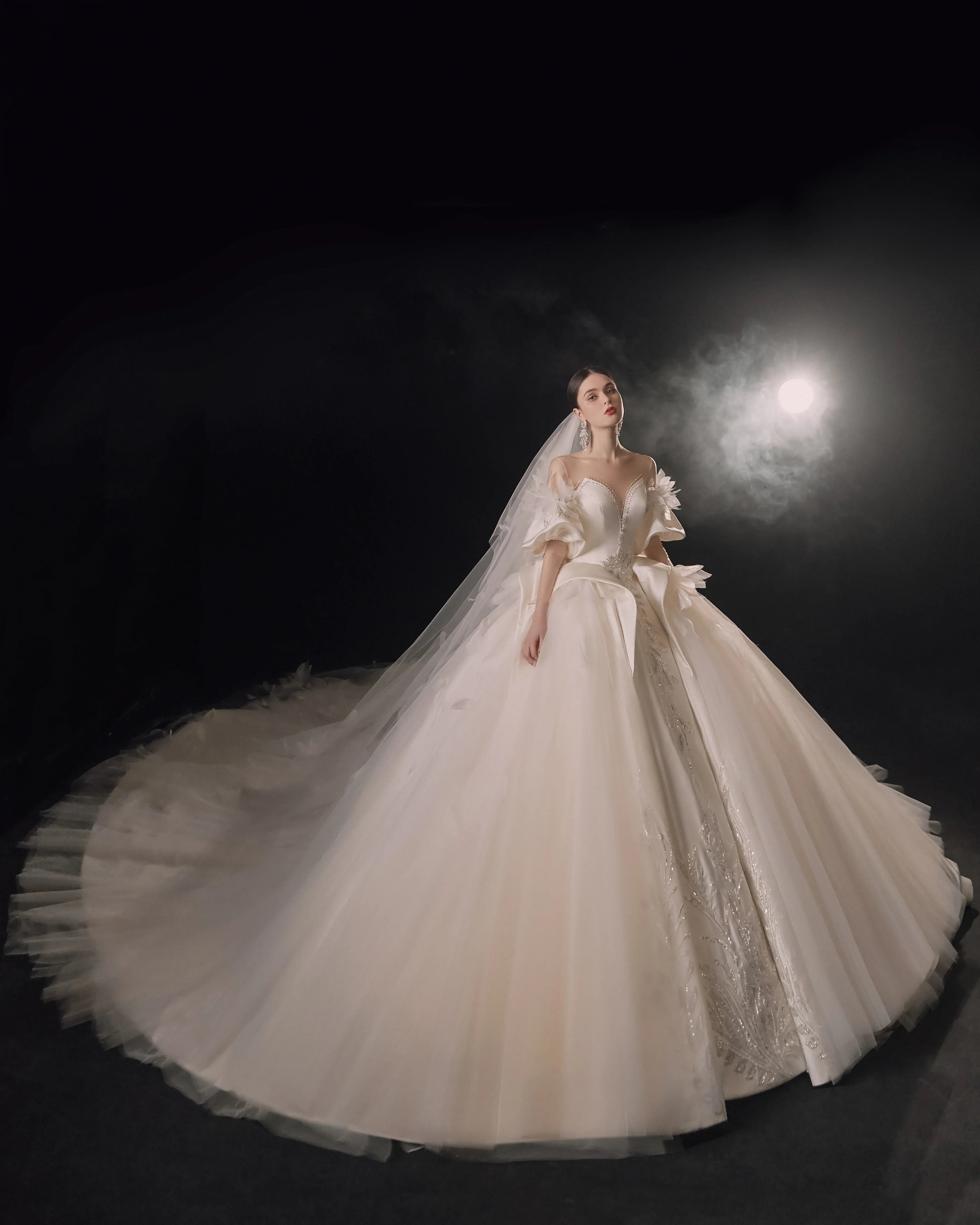 Lavish Sweetheart Ball Gown Satin Puff Sleeve Feather Trim Beaded Wedding Dress with Flowing Train E-302