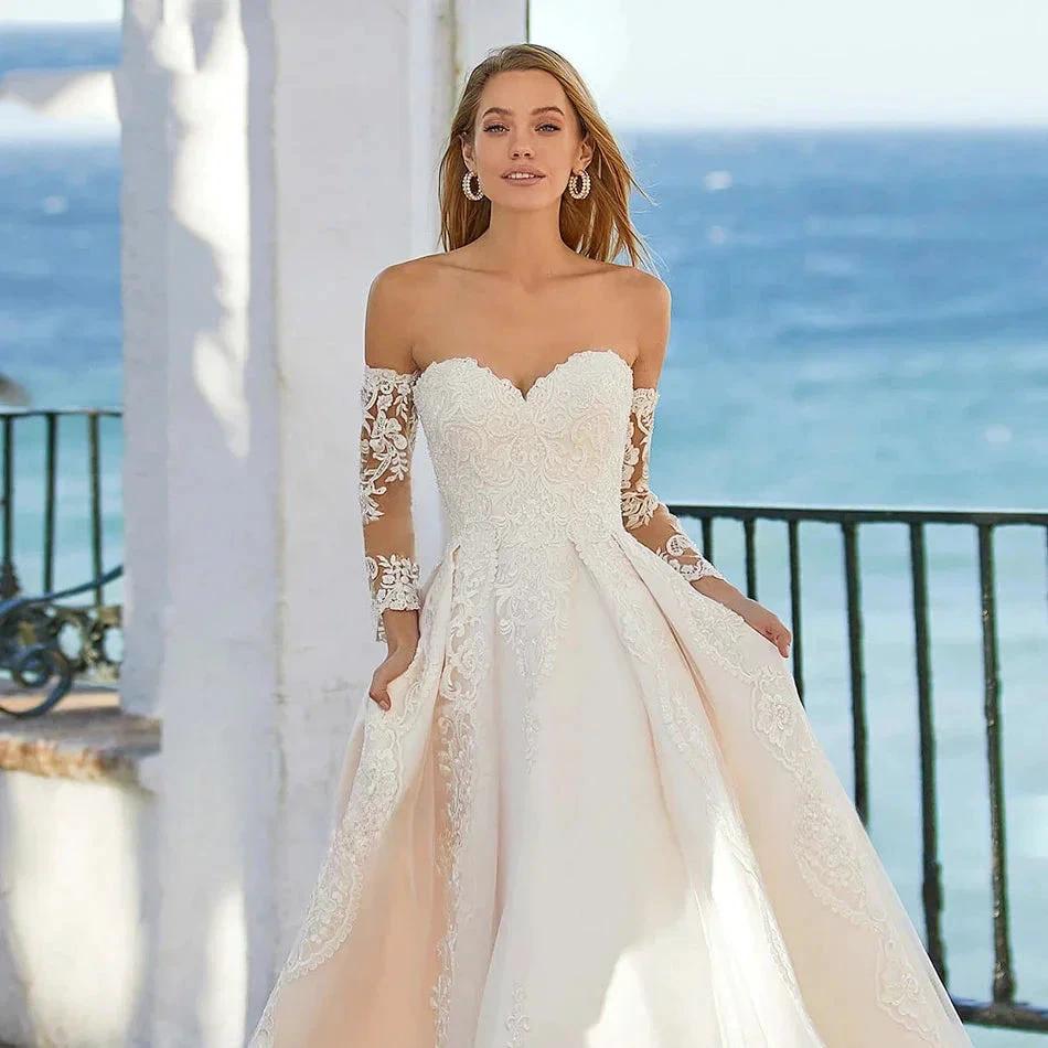 Word Wedding Dresses Women's Elegant Bohemian Beaded Sweetheart Princess Off Shoulder Long Sleeve Lace Applique Bride Gowns